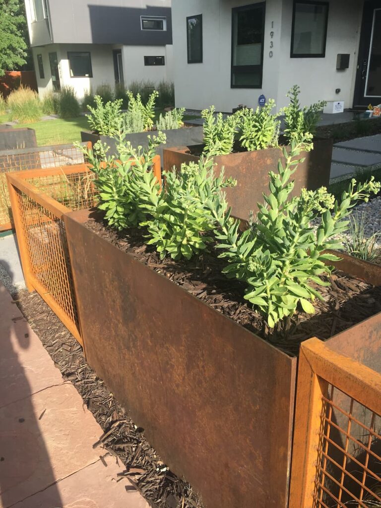 Steel box with plants inside.