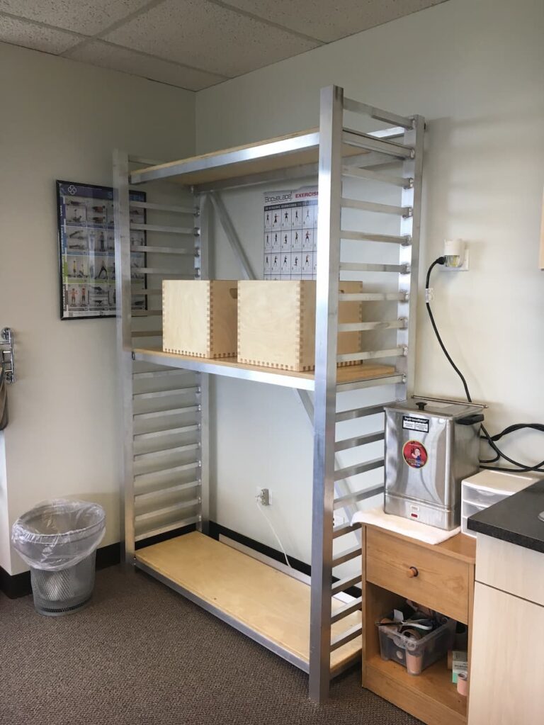 Aluminum and wood shelves.