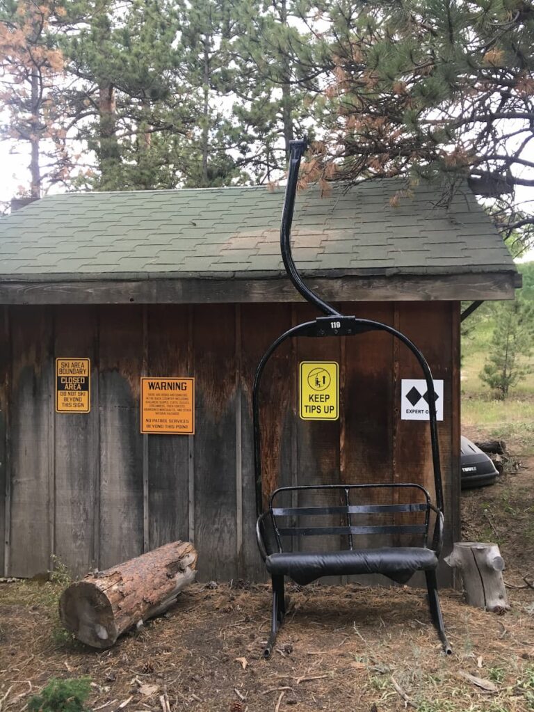 A bench made from a ski lift chair.